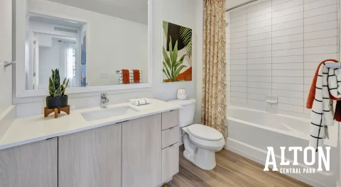 Modern bathroom with vanity, mirror, toilet, and bathtub with tiled shower walls.