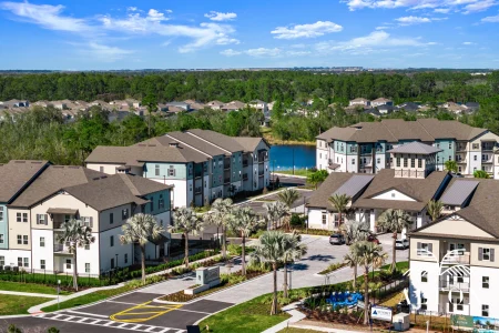 Aerial view of Alton Serenoa apartment community with palm trees and lake